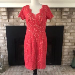Eliza J Coral Pink Lace Eyelash Trim  Sheath Dress size 8
